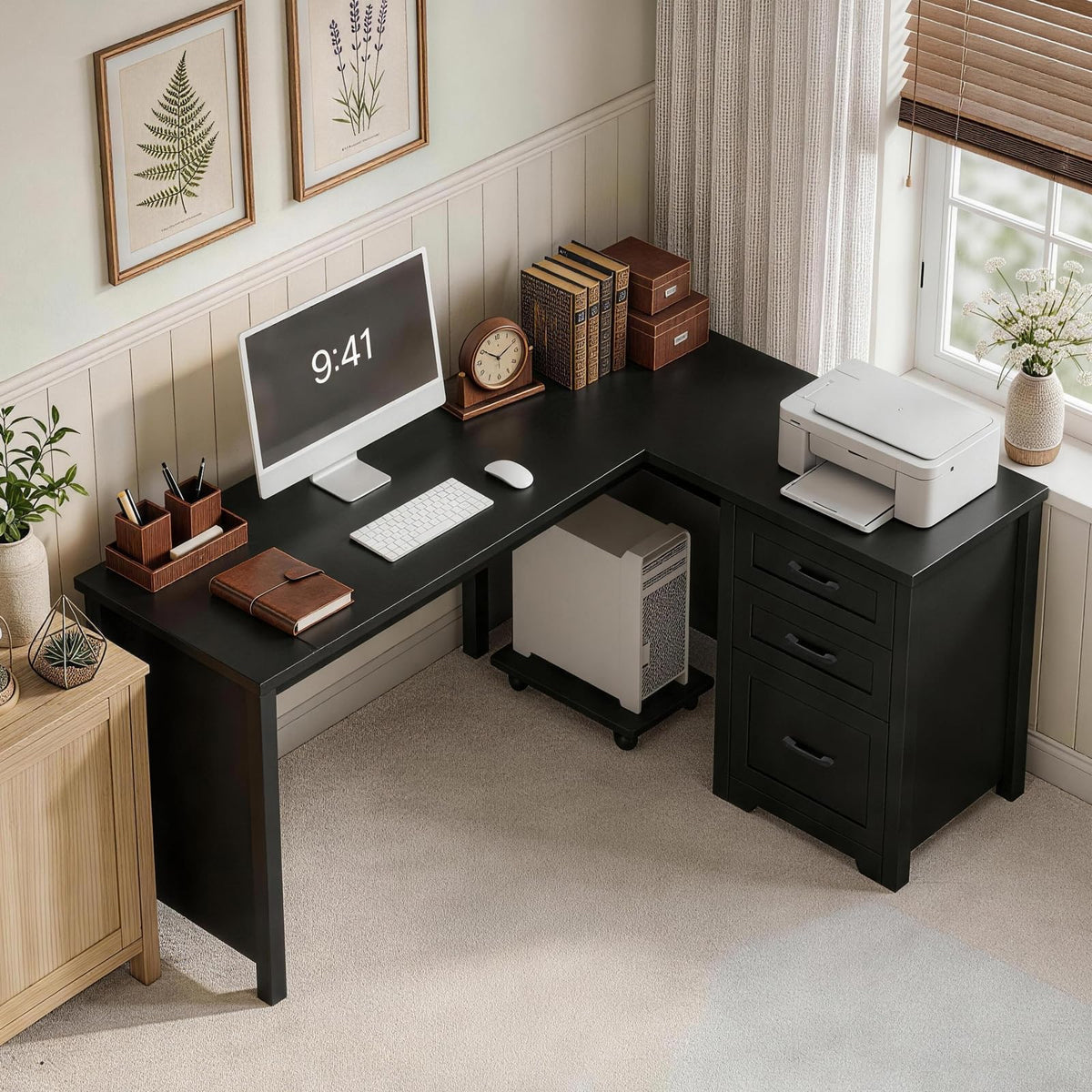 Vabches: 61" Farmhouse L-Shaped Student Study Desk with Drawers & Mobile CPU Mount