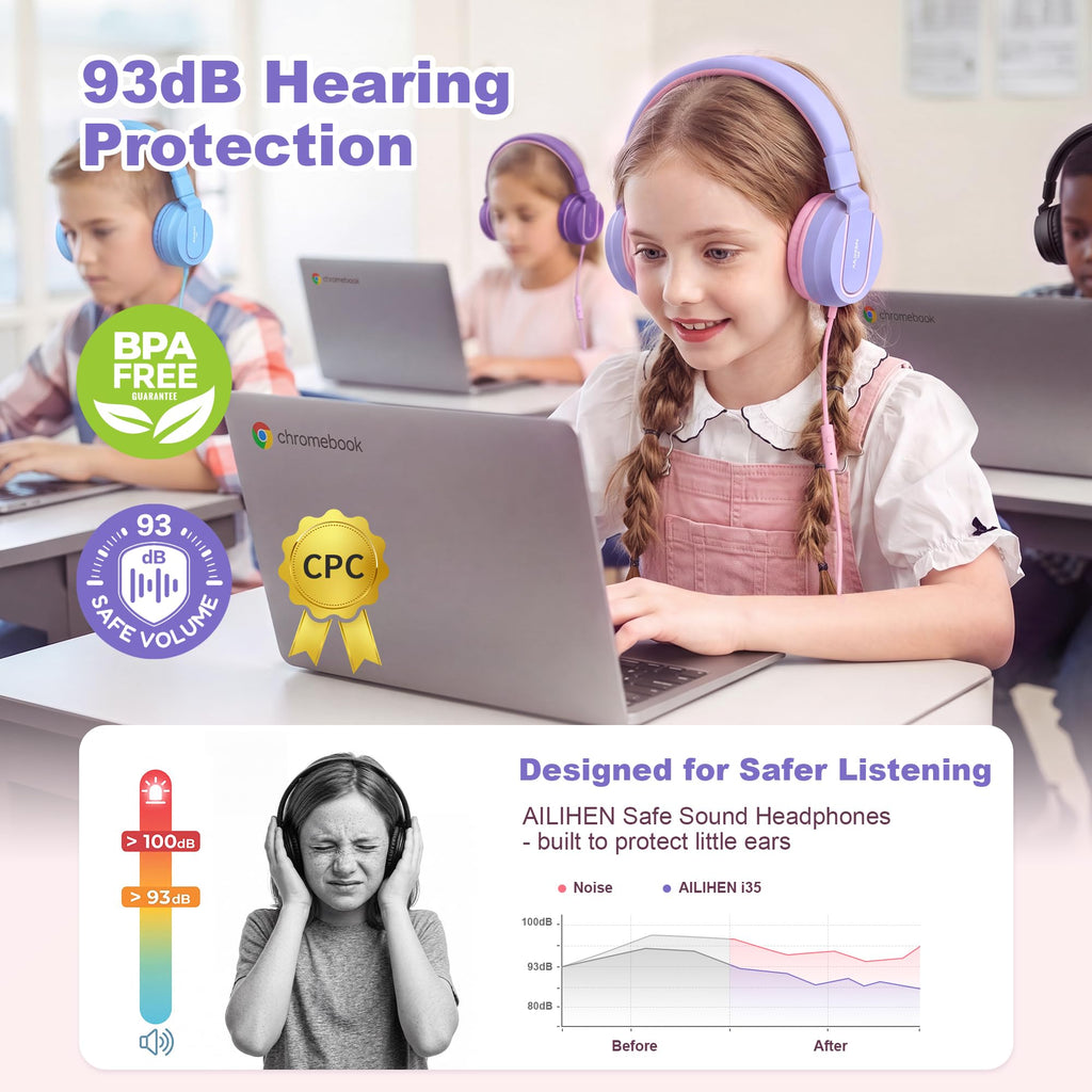 AILIHEN I35 Kids Headphones for School with Mic, 93dB Volume, Green Purple