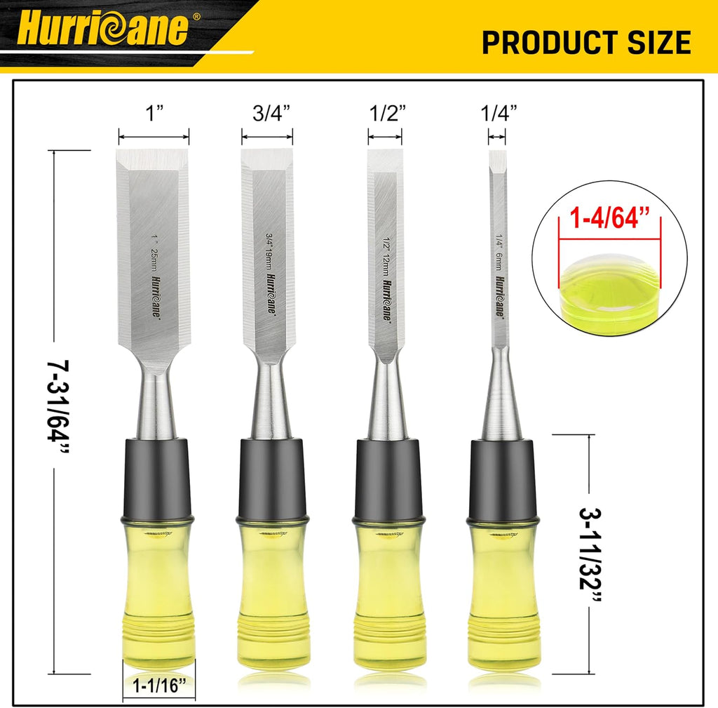 HURRICANE 4 Piece Wood Chisel Set for Woodworking. CR-V Steel Beveled Edge Blades with Safety Caps. Durable PVC High Impact Handle, for Precision Carving & DIY Projects (1/4", 1/2", 3/4", 1")