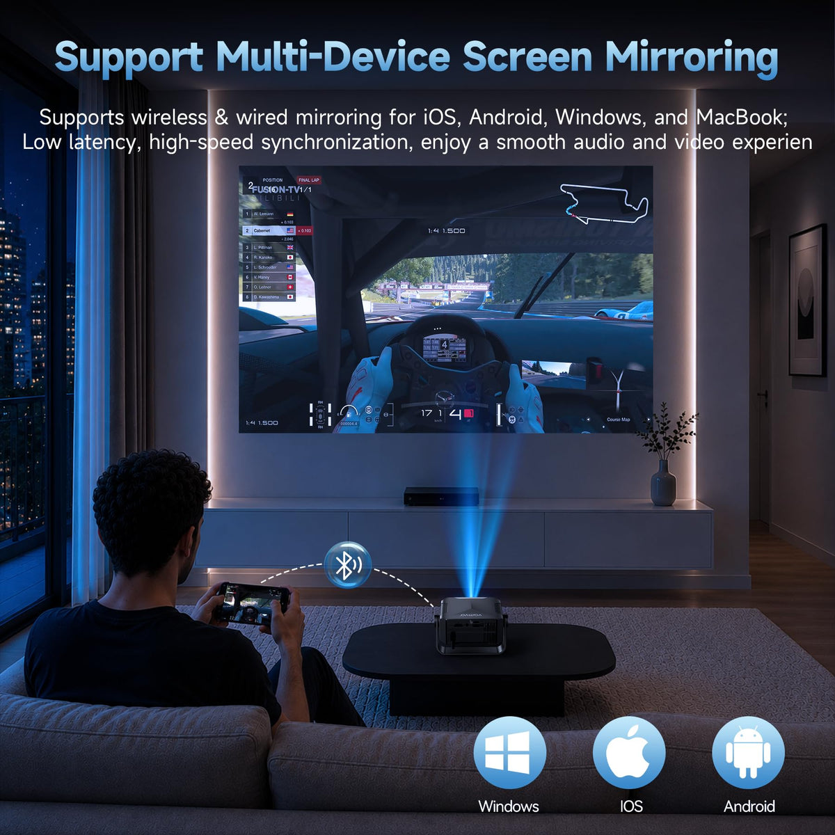 Projector with WiFi and Bluetooth, Auto Keystone, Remote, Focus HDMI USB Compatible with iOS/Android Phone, Laptop, TV Stick, PS5, Home Theater (Black-Yellow)