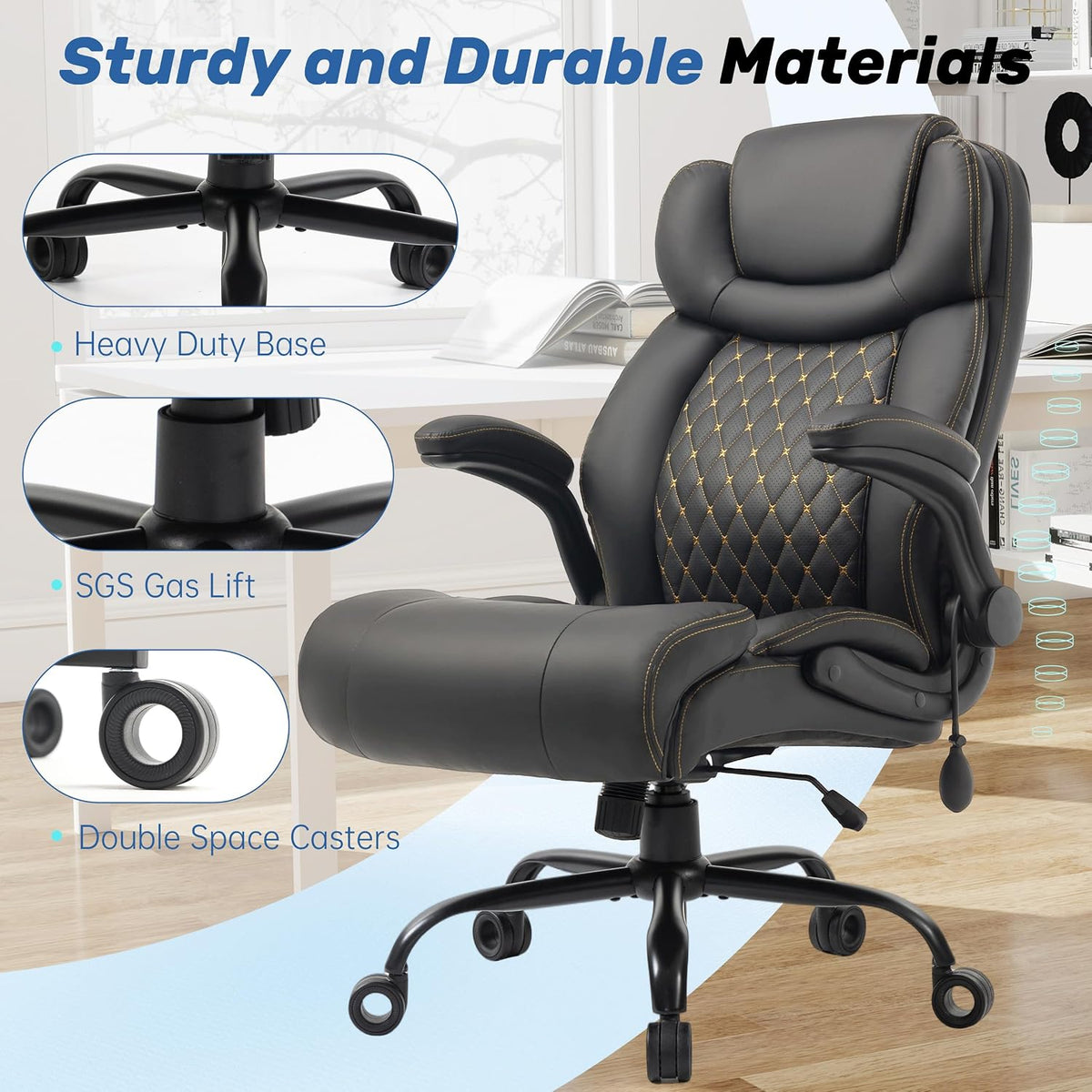 550LBS Big and Tall Office Chair, Comfy Heavy Duty Executive Chair with Adjustable Lumbar Support Double Spaces Casters, PU Leather Extra Wide Seat Ergonomic Computer Desk Chair for Back Pain, Black