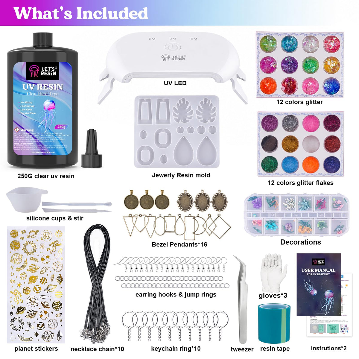 LET'S RESIN 12-Color UV Resin, 73Pcs Keychain Making Kit for Beginners