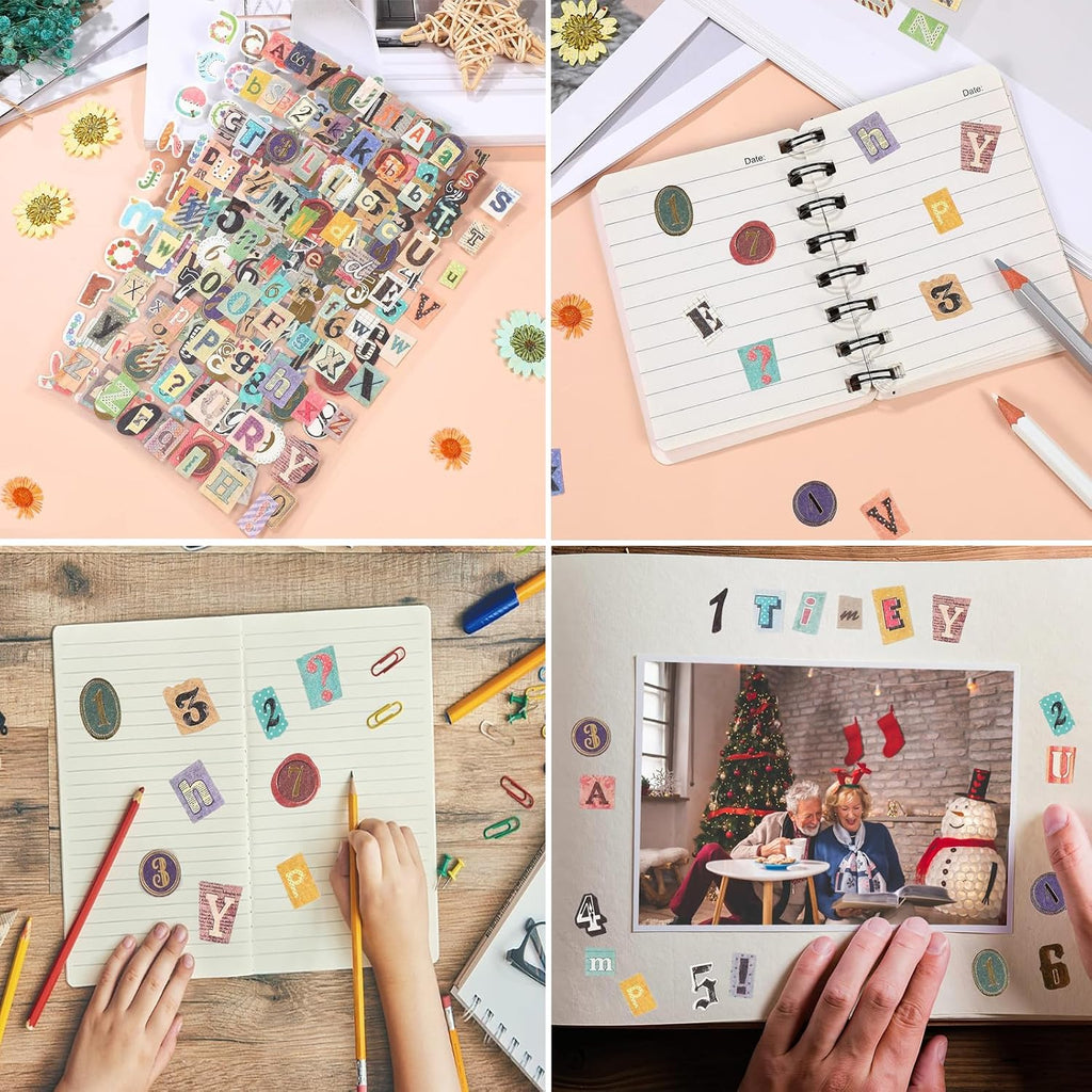 347PCS Vintage Stickers, 6 Sheet Scrapbook Stickers Graffiti, Cute Vintage Letters Numbers Self Adhesive Decals Scrapbooking Supplies for Diary DIY Art Album Paper Crafts (347PCS)