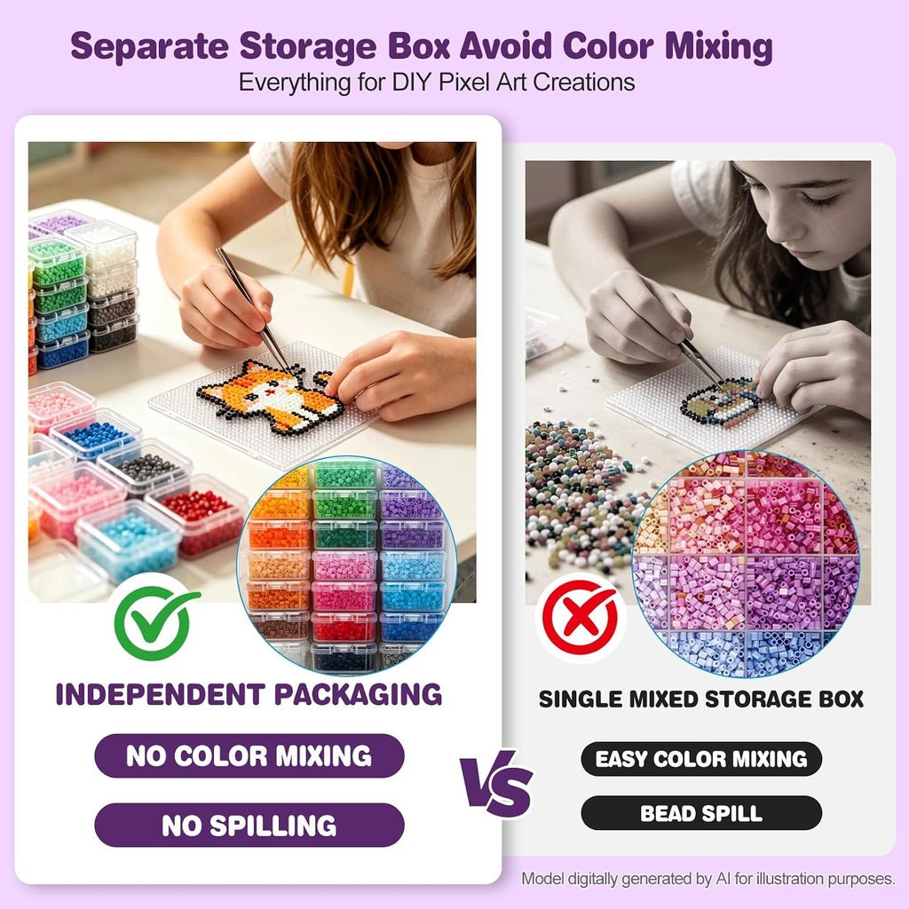 48-Color 2.6mm Fuse Beads Kit, 48,000 Mini Beads for Pixel Art DIY