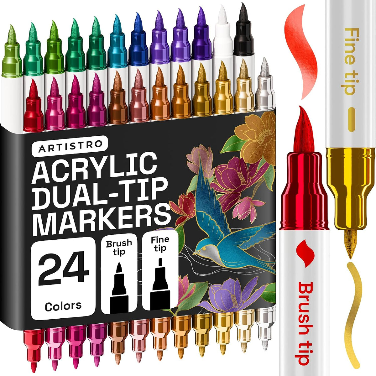 ARTISTRO Dual-Tip Acrylic Paint Markers – 1mm Fine & 1–5mm Brush Tip | ASTM D4236 Safe, Multi-Surface