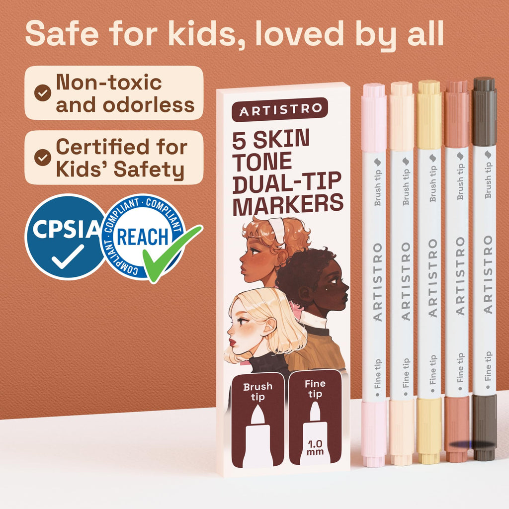 ARTISTRO Dual-Tip Acrylic Paint Markers – 1mm Fine & 1–5mm Brush Tip | ASTM D4236 Safe, Multi-Surface