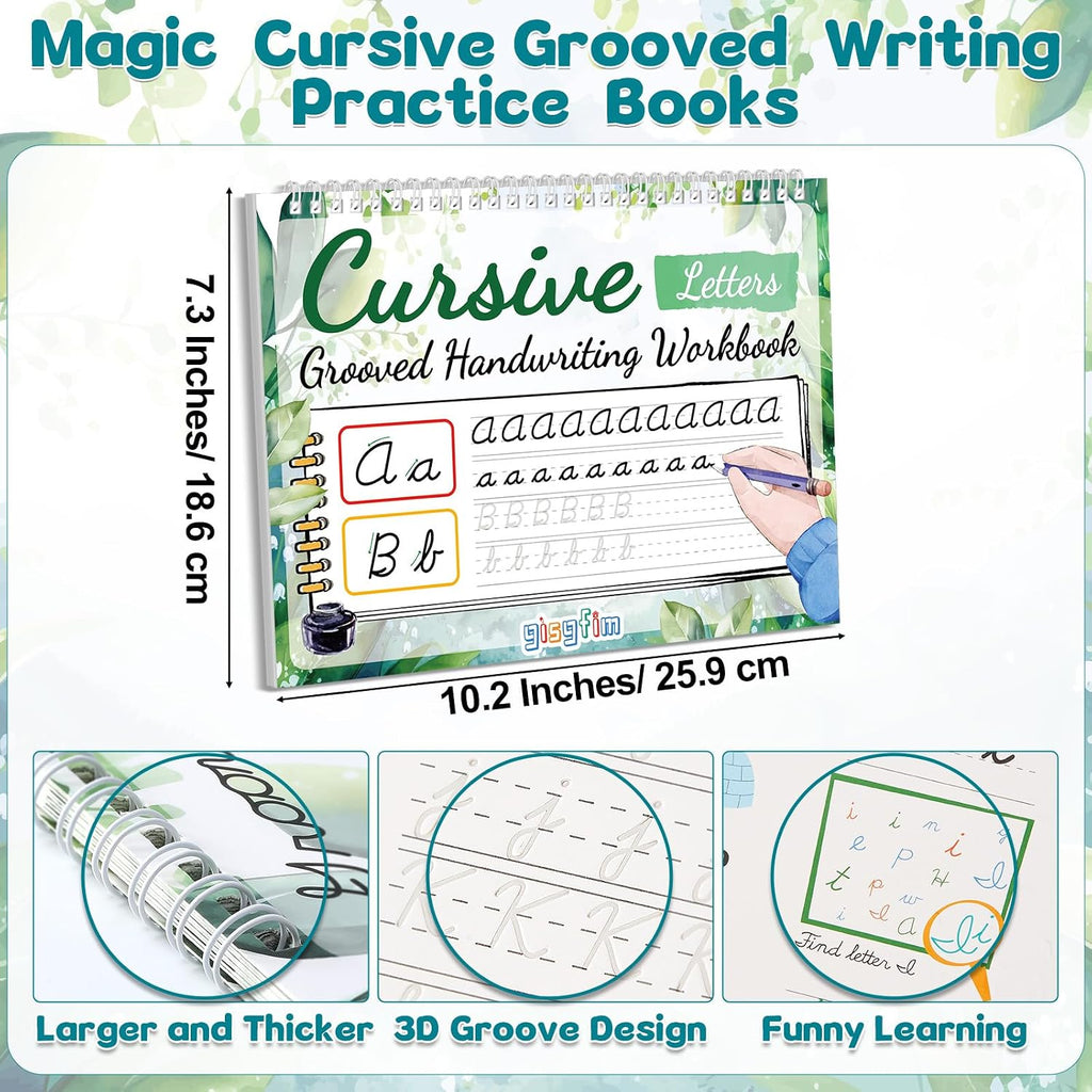 Grooved Cursive Handwriting Workbook Magic Reusable Grooved Cursive Handwriting Practice Guided Tracing with Disappearing Ink Pens for Beginners Kids Learning Activities Supplies (Letters)