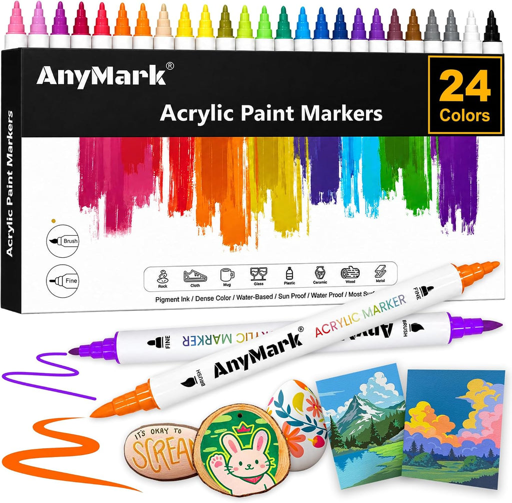 AnyMark 24 Colors Acrylic Paint Markers Brush & Fine Paint Pens