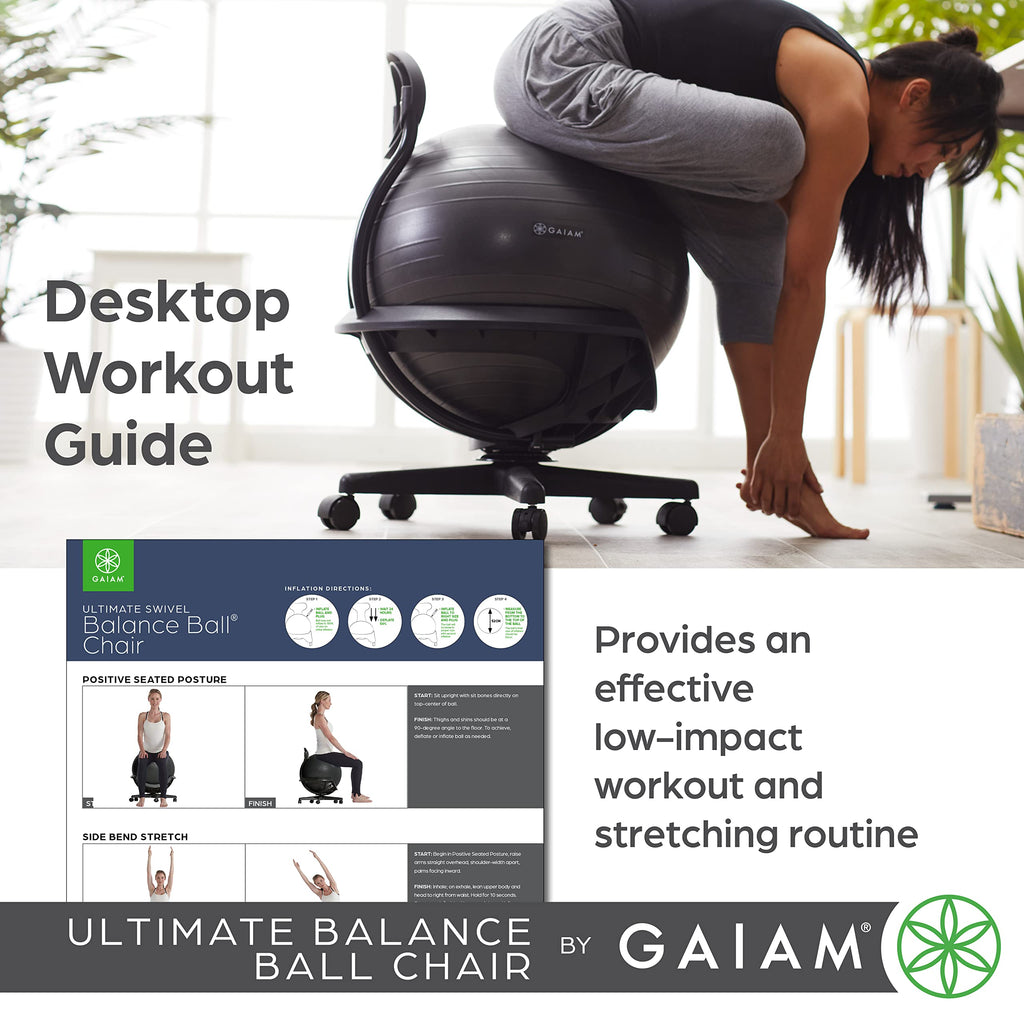 Gaiam Classic Balance Ball Chair – Ergonomic Stability Chair for Desk & Office | Yoga Ball Seat with Base, Air Pump, & Exercise Guide | Improves Posture & Core Strength (300 lb Capacity)