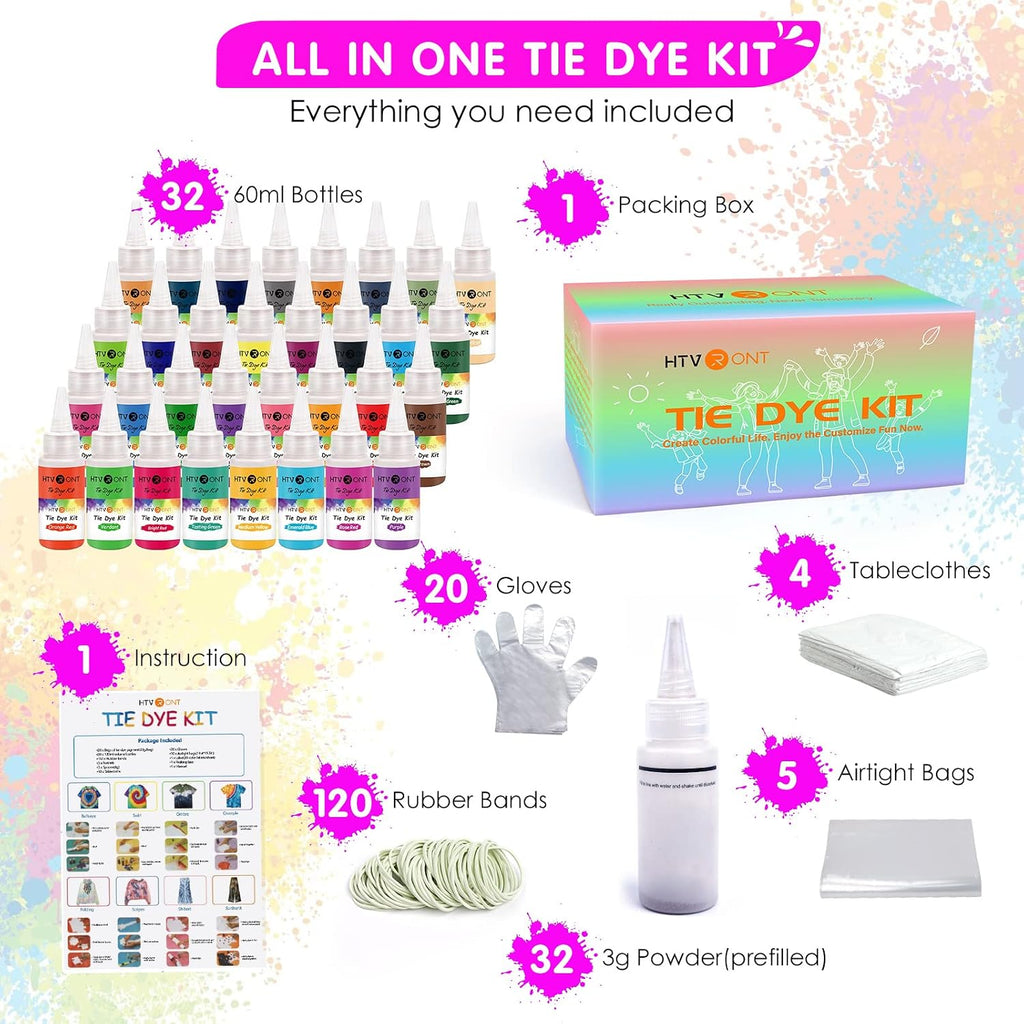 HTVRONT Tie Dye Kit, 32 Vibrant Vivid Permanent Colors, Just Add Water