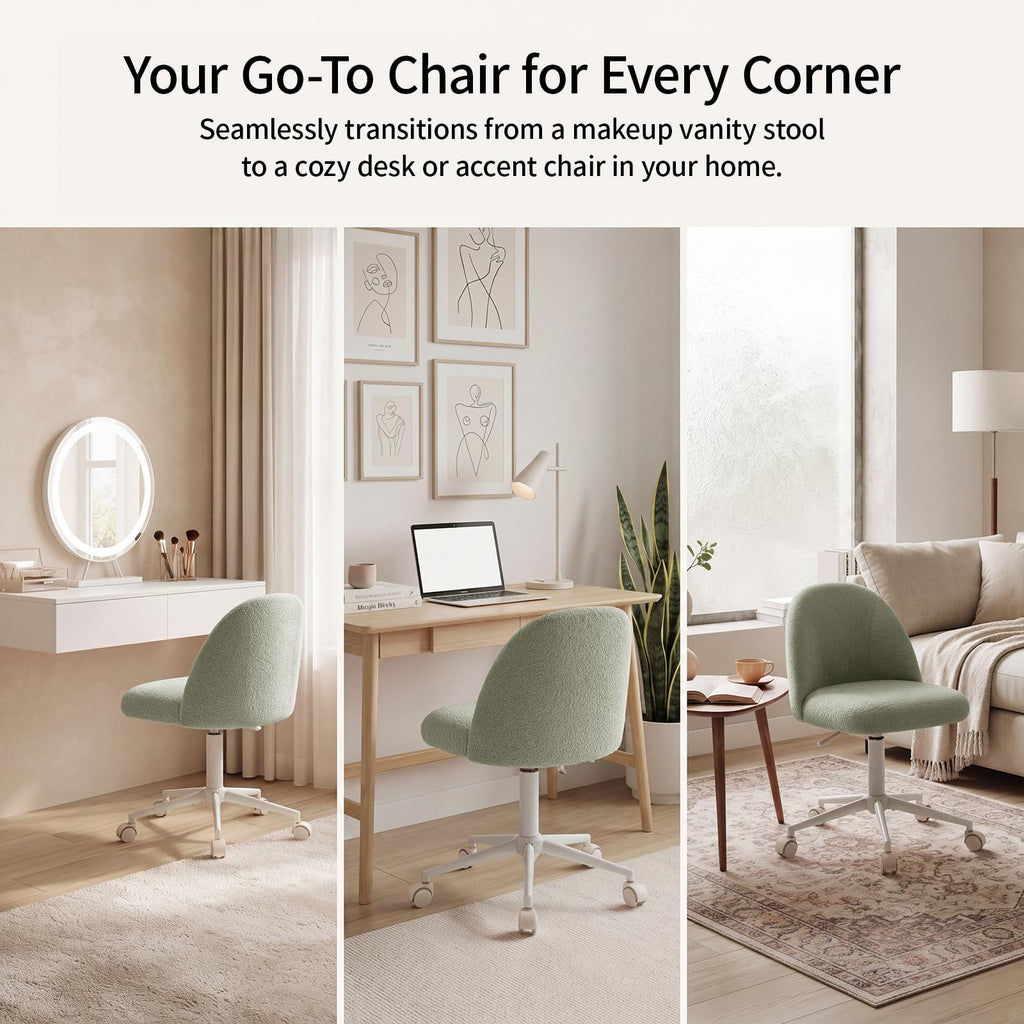 White Vanity Chair with Wheels＆Back, Armless Cute Desk Chair
