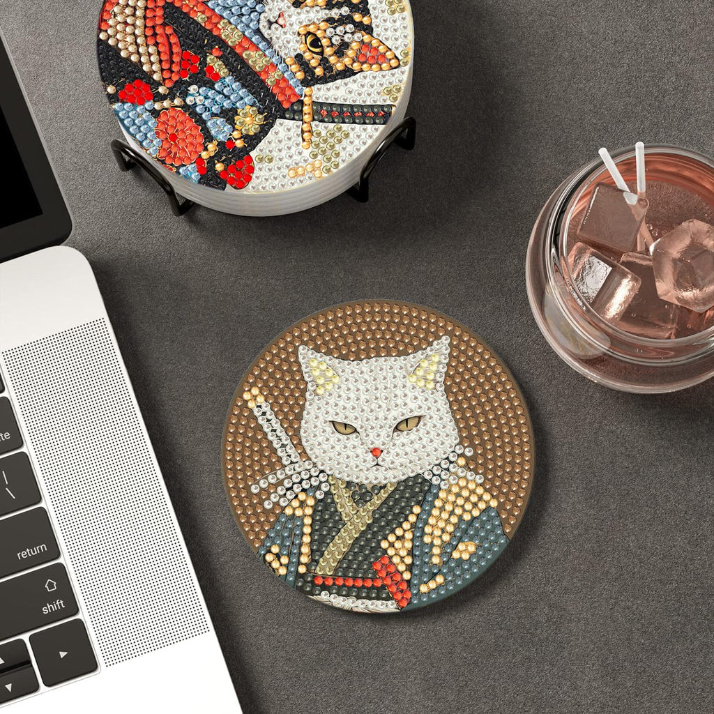 Puraikcmi 8PCs Diamond Paintings Coasters Kits Set, Funny Cat Diamond Art Coasters with Holder, DIY Crafts Diamond Art Kits Adult Craft Diamond Dots Gift