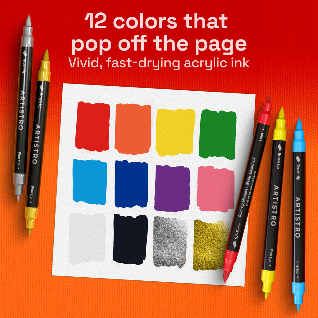 ARTISTRO Dual-Tip Acrylic Paint Markers – 1mm Fine & 1–5mm Brush Tip | ASTM D4236 Safe, Multi-Surface