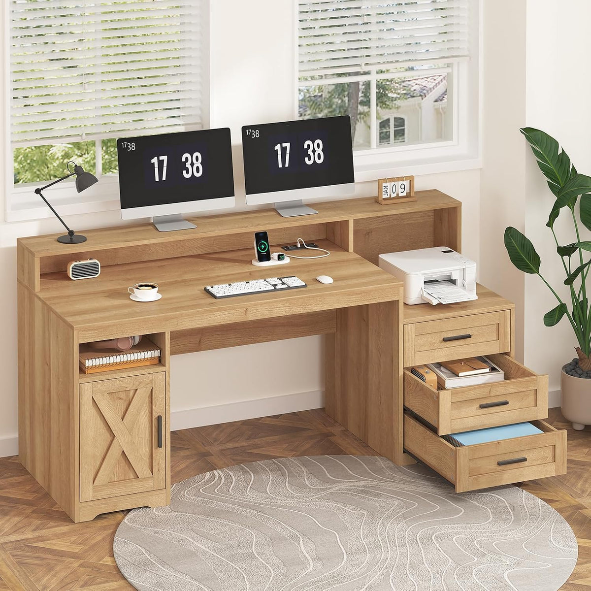 65" Farmhouse Computer Desk with Drawers and Printer Stand for Home Office