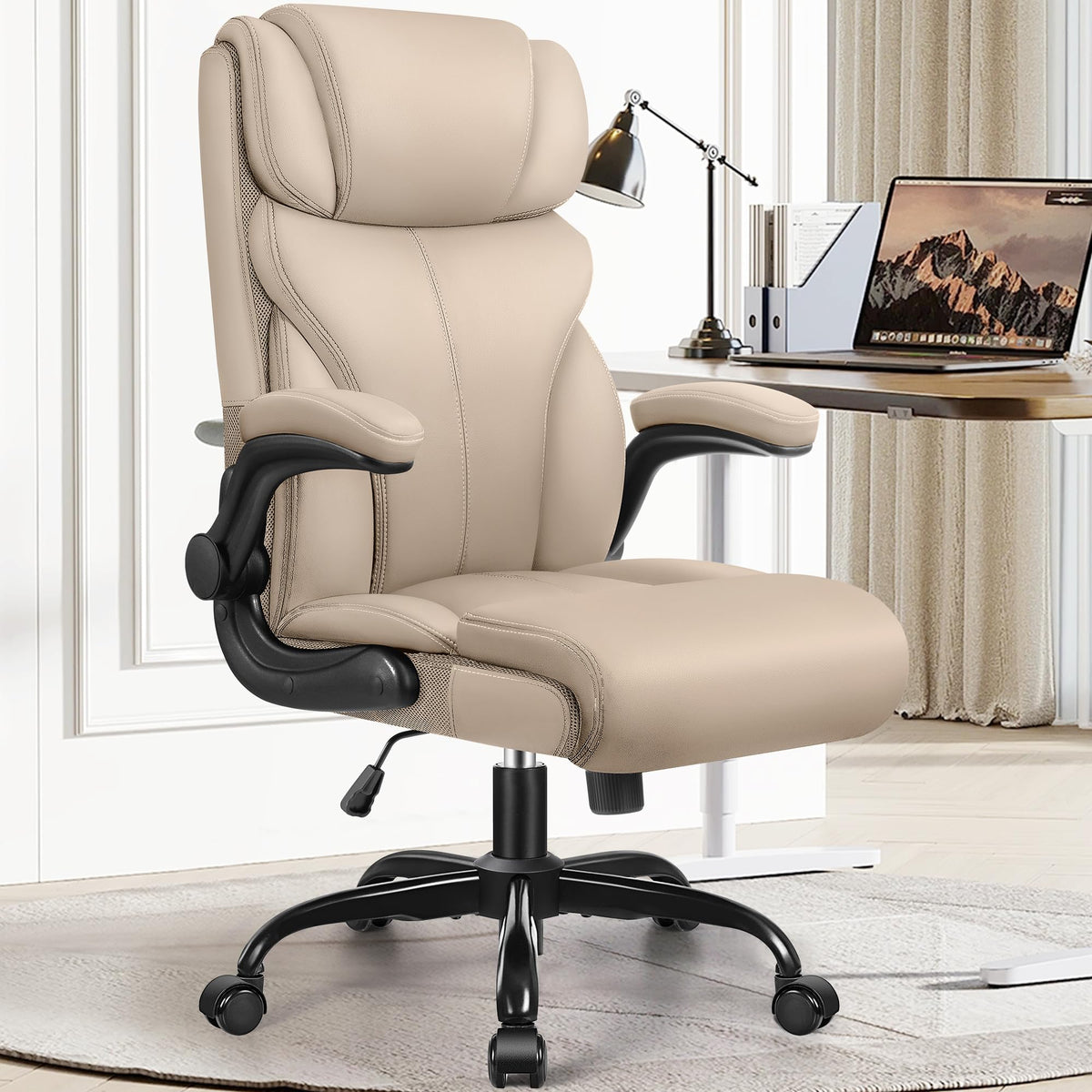 HeroSet PU Leather Study Chair with Flip-Up Arms and Lumbar Support