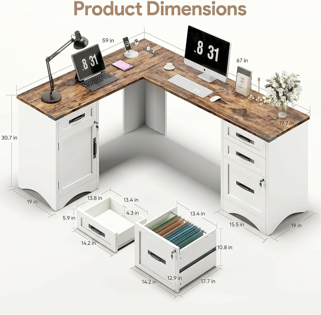 Decofy 67" Farmhouse L Shaped Standing Desk with Drawers Home Office Executive Desks with Fast Charging Station, Lockable File Cabinet, Wood Writing Computer Desk for Work, Study, White
