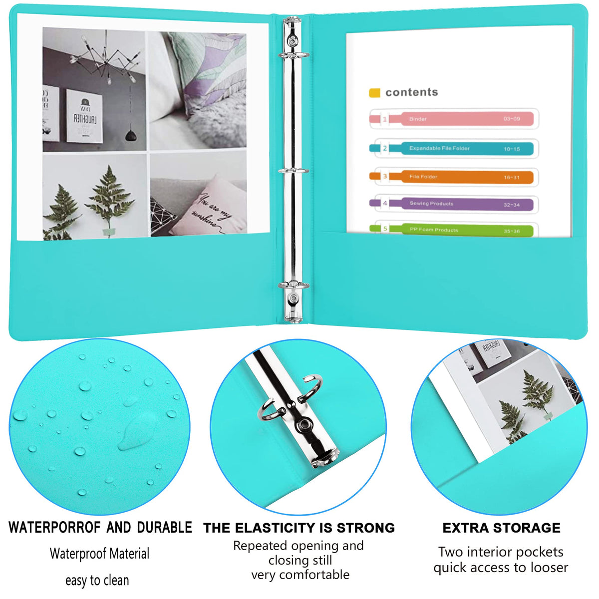 3 Ring Binders,1” Round Ring, Holds 8.5 * 11inch Papers, with 2 Pockets,6 Colors Binder Assorted Pack