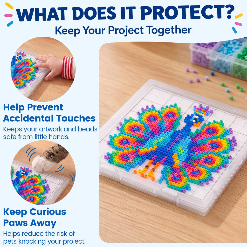 Large 104-Peg Fuse Beads Pause Box with Board – Spill-Proof WIP Keeper with Shockproof Sponge Pad, Portable Travel Craft Case for 2.6mm Beads, Compatible with 52, 78 & 104 Pegboards