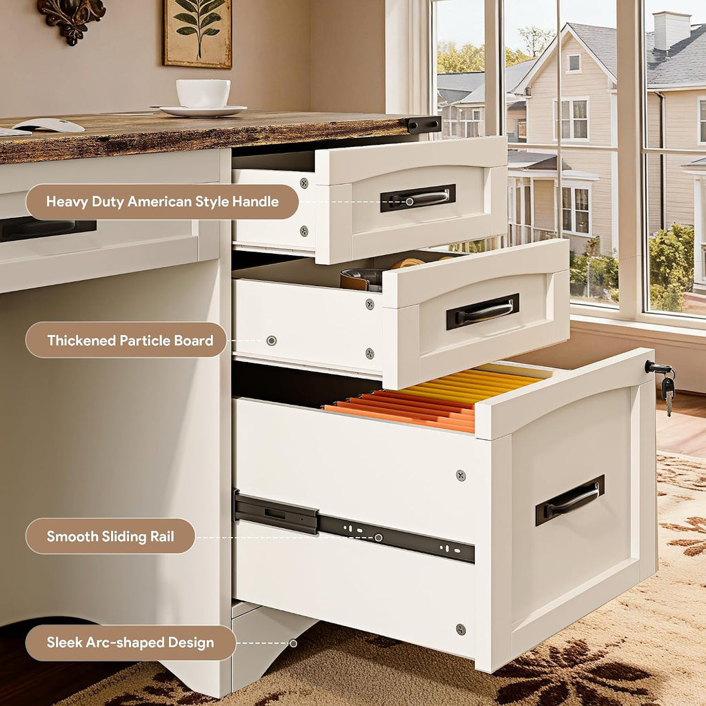 Decofy 67" Farmhouse L Shaped Standing Desk with Drawers Home Office Executive Desks with Fast Charging Station, Lockable File Cabinet, Wood Writing Computer Desk for Work, Study, White