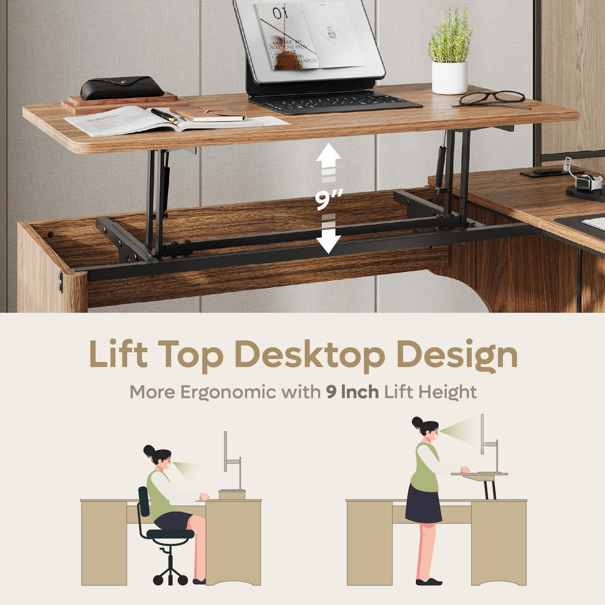 Bestier: 55" L-Shaped Student Study Desk with Manual Lift Top, USB Charging & File Drawer