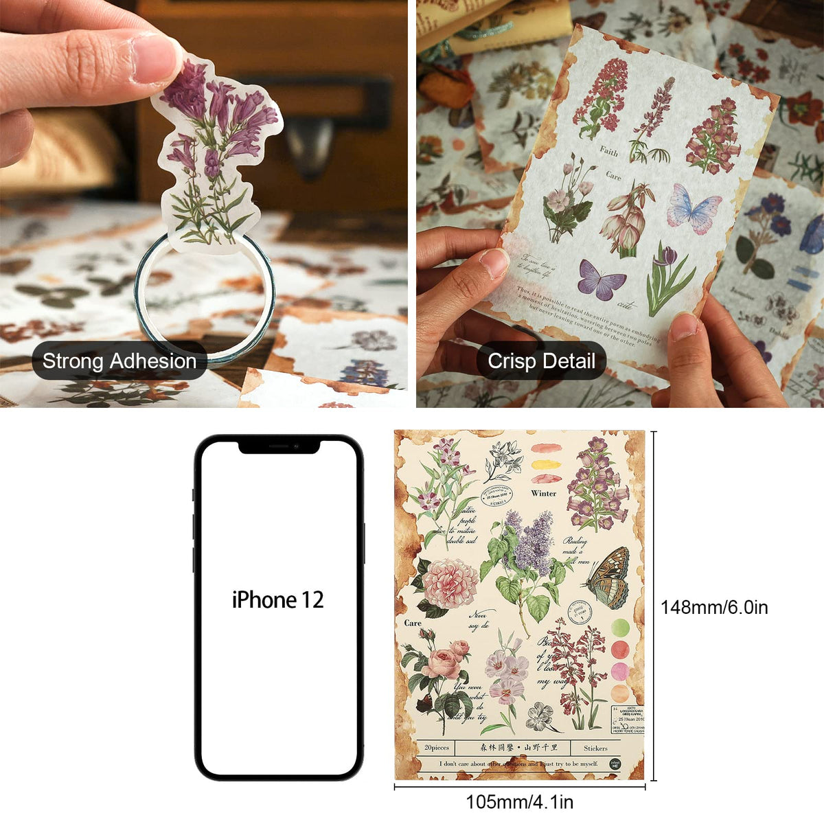 Dizdkizd Nature Botanical Stickers for Journaling, Ephemera Sticker Book, Translucent Washi Sticker for Scrapbooking - 20 Sheets (200 Pieces)