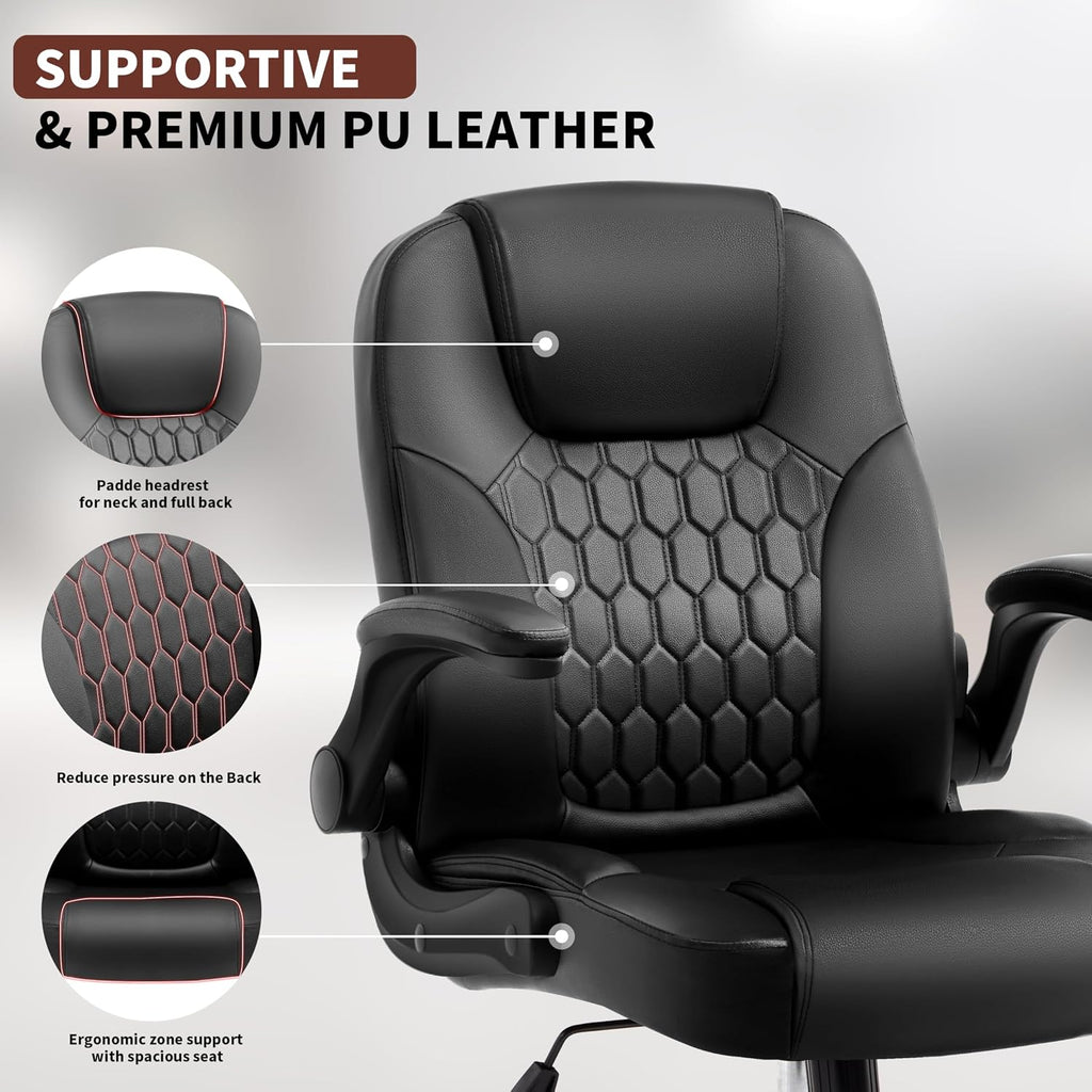 Leather Office Chair Swivel Lumbar Support for Short People Black