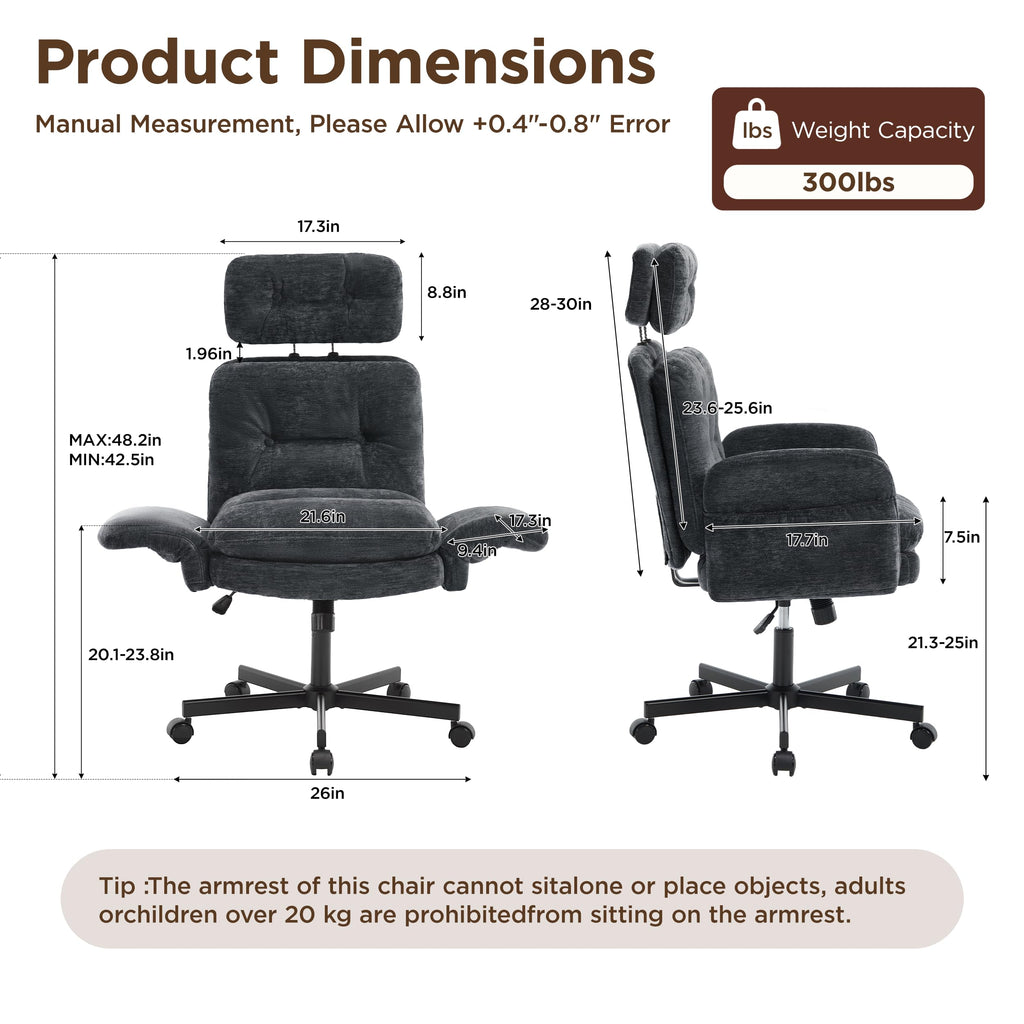 FiveWillowise Cross Legged Office Chair with Flip-up Arms&Hight Back,Grey