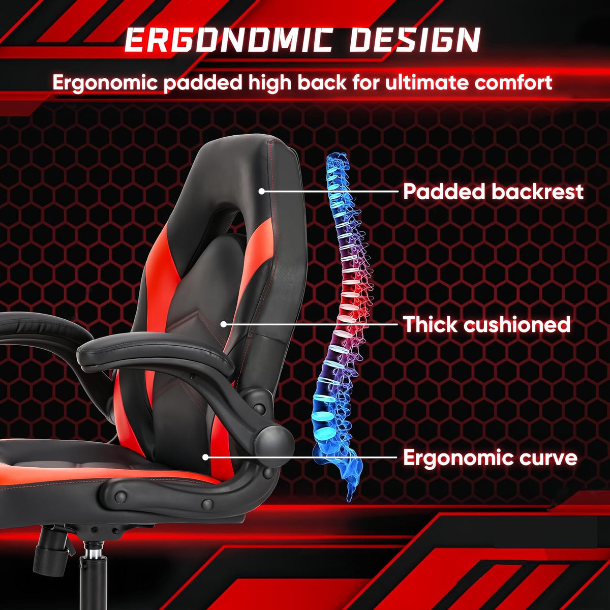 Computer Desk Chair with Lumbar Support, Ergonomic Office Chair with Flip-up Armrests for Adults, Grey,Black+Red (Black+Red)