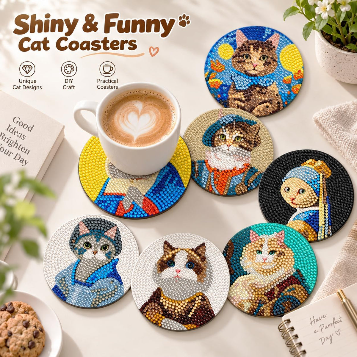 Puraikcmi 8PCs Diamond Paintings Coasters Kits Set, Funny Cat Diamond Art Coasters with Holder, DIY Crafts Diamond Art Kits Adult Craft Diamond Dots Gift
