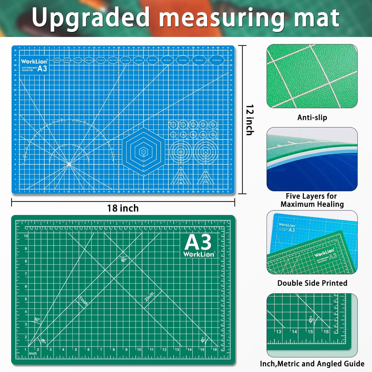 WORKLION 12" x 18" Art Self Healing PVC Cutting Mat, Double Sided, Gridded Rotary Cutting Board for Craft, Fabric, Quilting, Sewing, Scrapbooking Project……