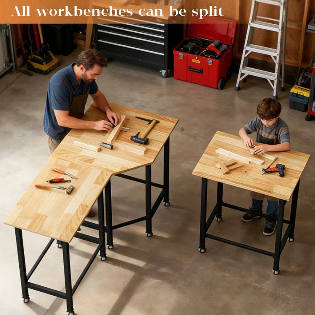 Betterhood 48" Heavy-Duty Adjustable Workbench for Garage, Rubber Wood Shop Table W/Metal Wheels, Hardwood Workstation Weight Capacity Over 2000 Lbs with Wheels