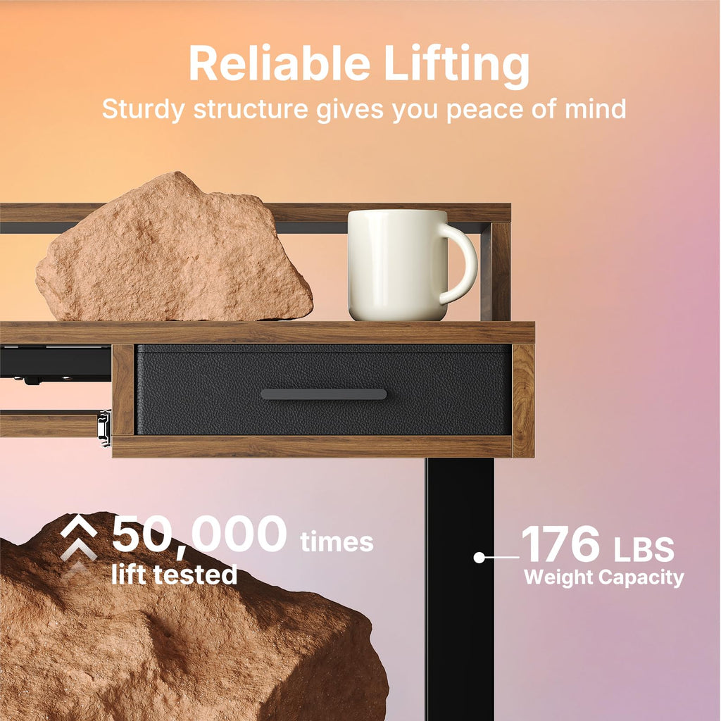HUANUO 55″ x 26″ Electric Standing Desk with 2 Drawers &24.4″ Large Keyboard Tray, C-Clamp Mount Compatible, Adjustable Computer Desk for Office, Sit Stand Up Desk with 4 Height Presets, Light Walnut