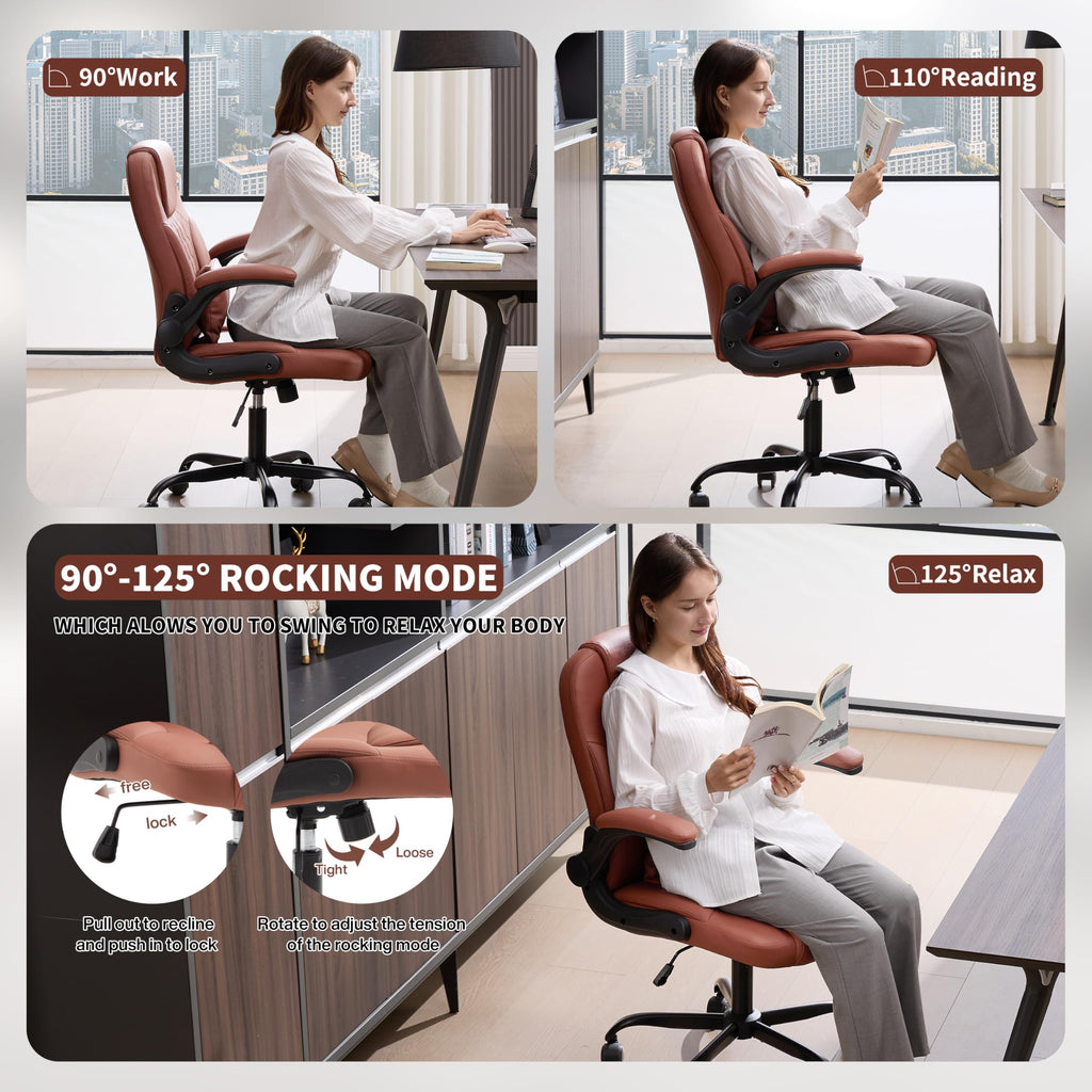 Leather Office Chair Swivel Lumbar Support for Short People Black