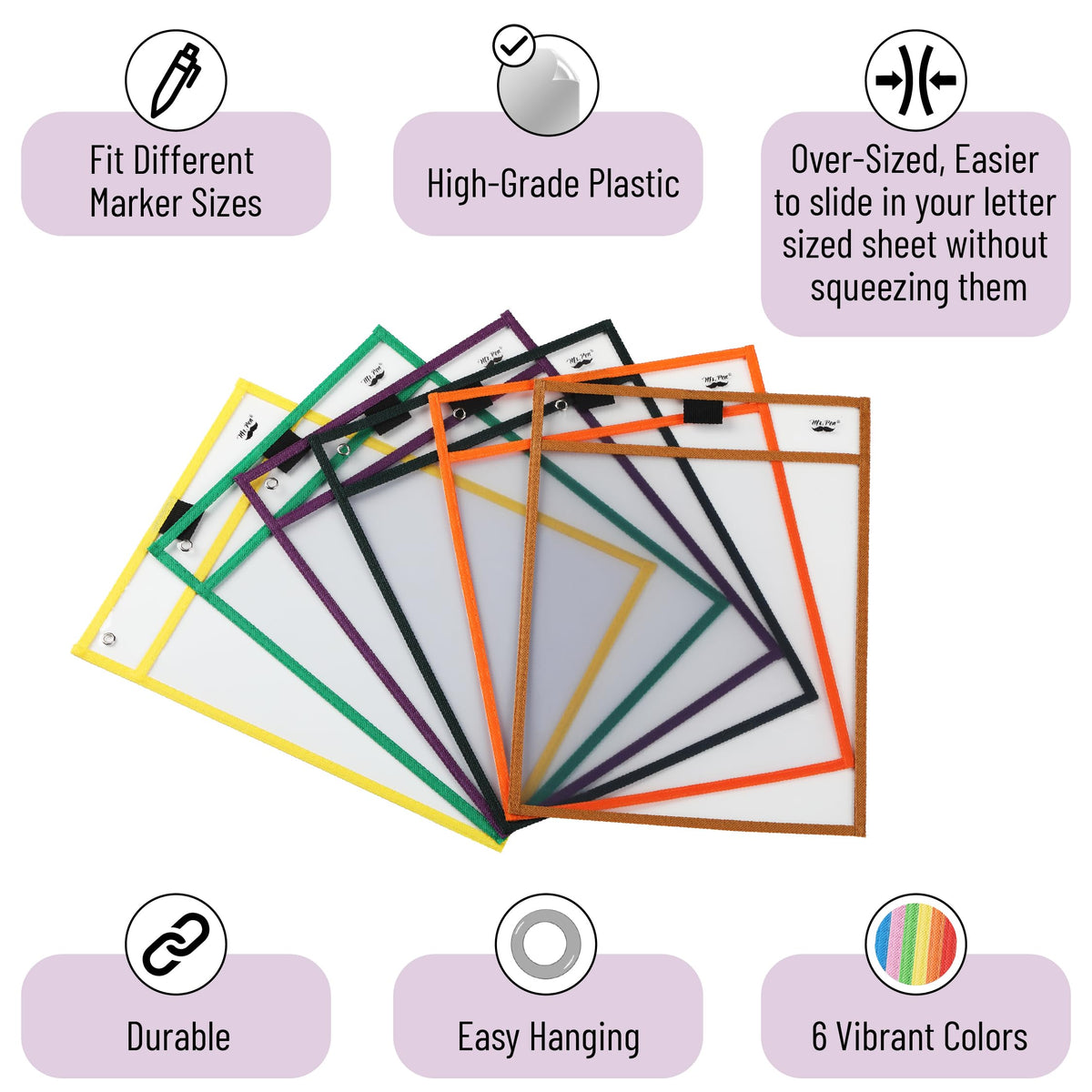 Mr. Pen- Reusable Dry Erase Pocket Sleeves, 10" x 14", 6 Pack, Colorful