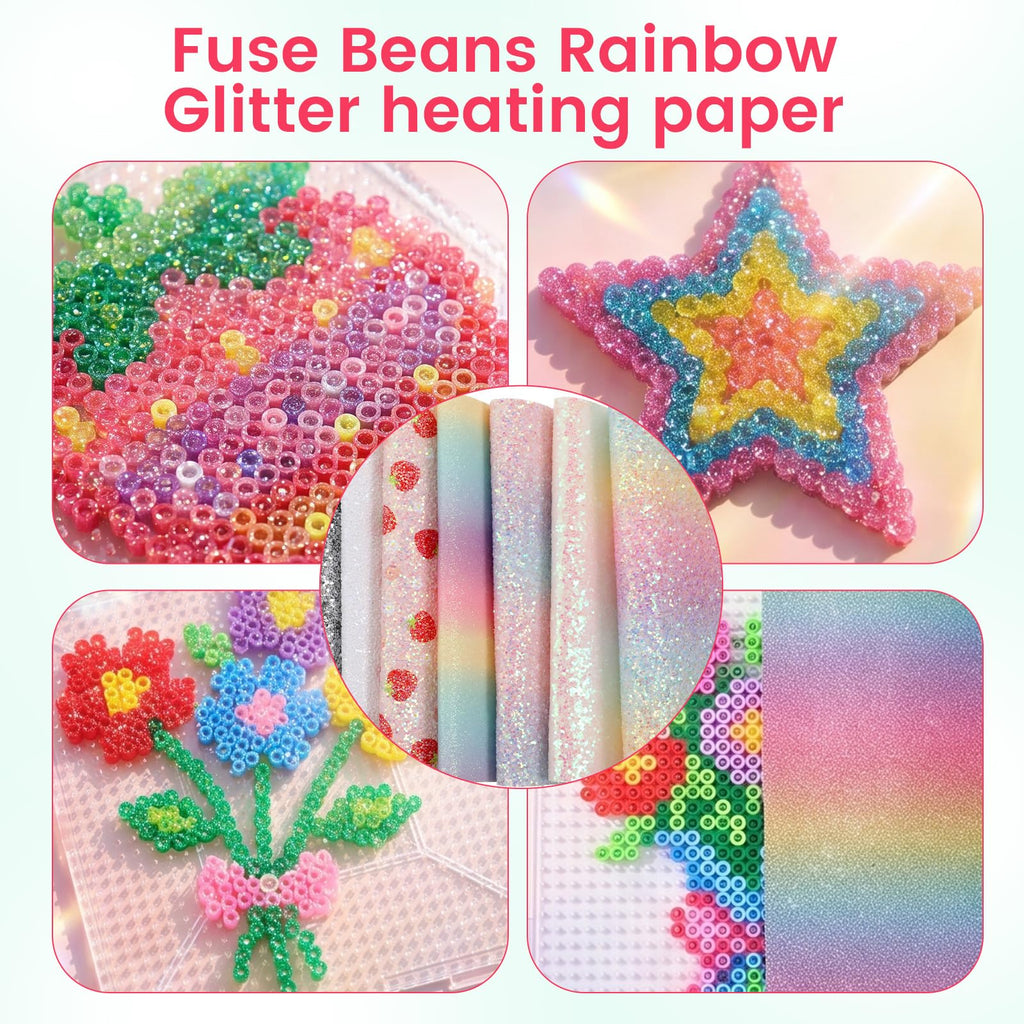6PCS Fuse Beads Glitter Fabric Ironing Paper, 7.87 x 5.91 Inch Fuse Chunky Fabric Ironing Paper Reusable Chunky Sparkle IronPaper with PU Leather Easy to Iron Out Non-Porous for Bead Craft