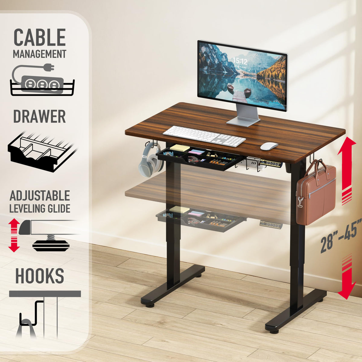 SHW 55 x 28 Electric Height Adjustable Standing Desk w/Drawer, White