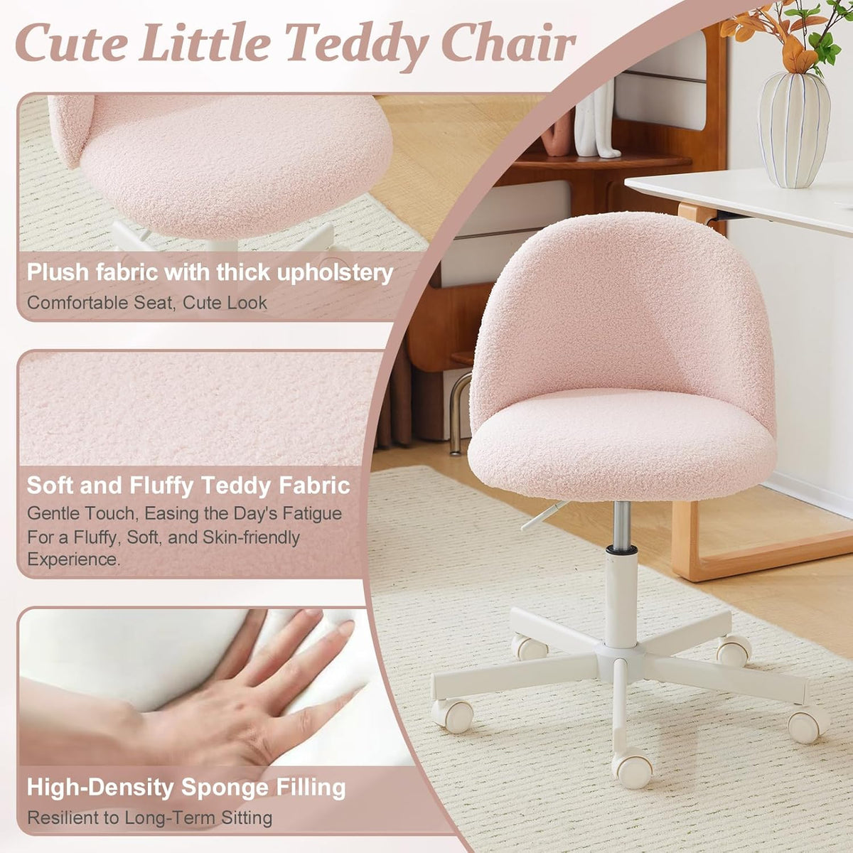 VINGLI Cute Candy Chair Armless Comfy Small Office Desk Vanity Chair with Wheels & Lumbar Support,Teddy Adjustable Rolling Swivel Computer Task Ch for Home Office,Bedroom,Gentle Pink
