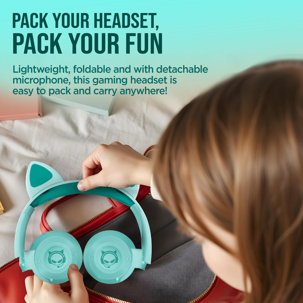 HyperGear Kombat Kitty Headphones for Kids - Cute Cat Ear Kids Headphones with Cord, Gaming Headset with Mic for Girls, Ideal for School, Home & Streaming, Pink