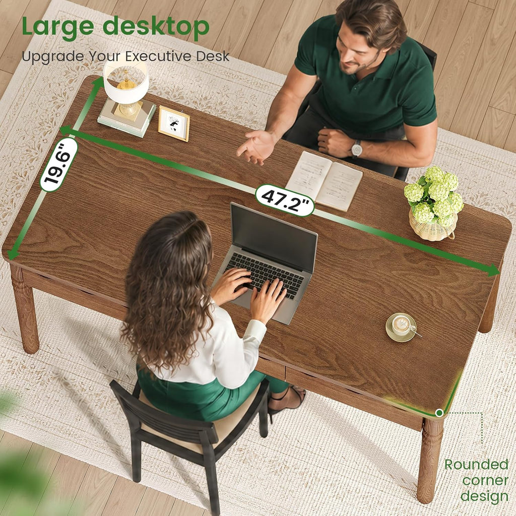SEDETA Solid Pine Wood Computer Desk, 47'' Executive Home Office Desk with 3 Wood Drawers for Work Study Writing Bedroom, Makeup Vanity Desk, Brown
