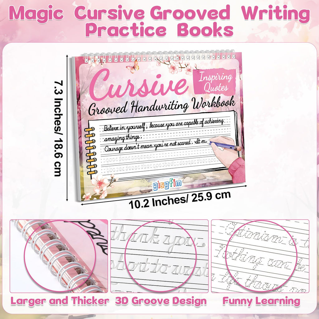 Grooved Cursive Handwriting Workbook Magic Reusable Grooved Cursive Handwriting Practice Guided Tracing with Disappearing Ink Pens for Beginners Kids Learning Activities Supplies (Letters)