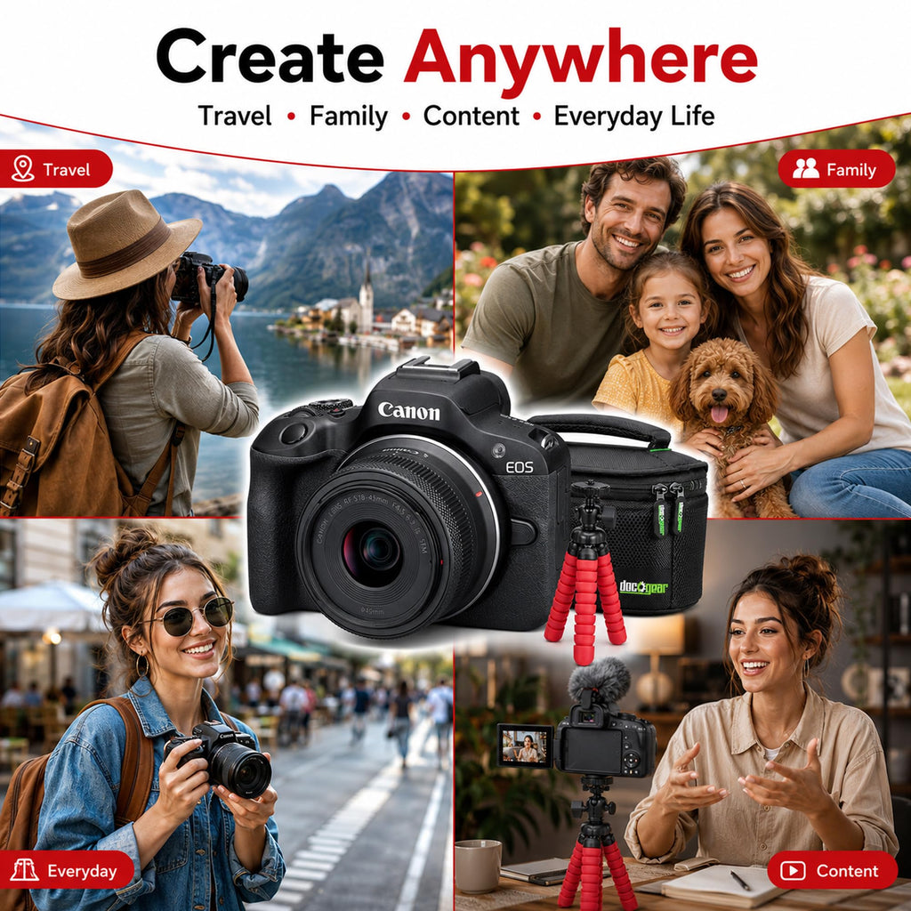 Canon EOS R100 Mirrorless Camera Body with RF-S 18-45mm F4.5-6.3 is STM Lens 6052C012 Bundle with Deco Gear Photography Bag + Microphone + Monopod + Software & Accessories Kit