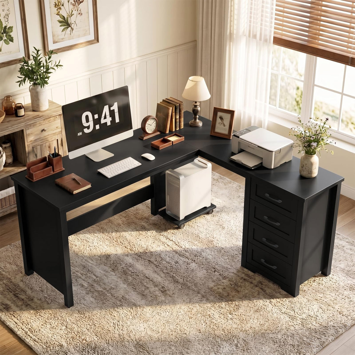Vabches: 61" Farmhouse L-Shaped Student Study Desk with Drawers & Mobile CPU Mount