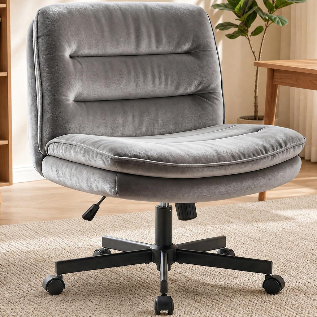 GTPLAYER Cross Legged Office Chair, Armless Desk Chair Cute Vanity Chair with Wheels Computer Chair Comfy Wide Office Chair Adjustable Swivel for Home Computer Task,Soft Velvet, Dark Grey