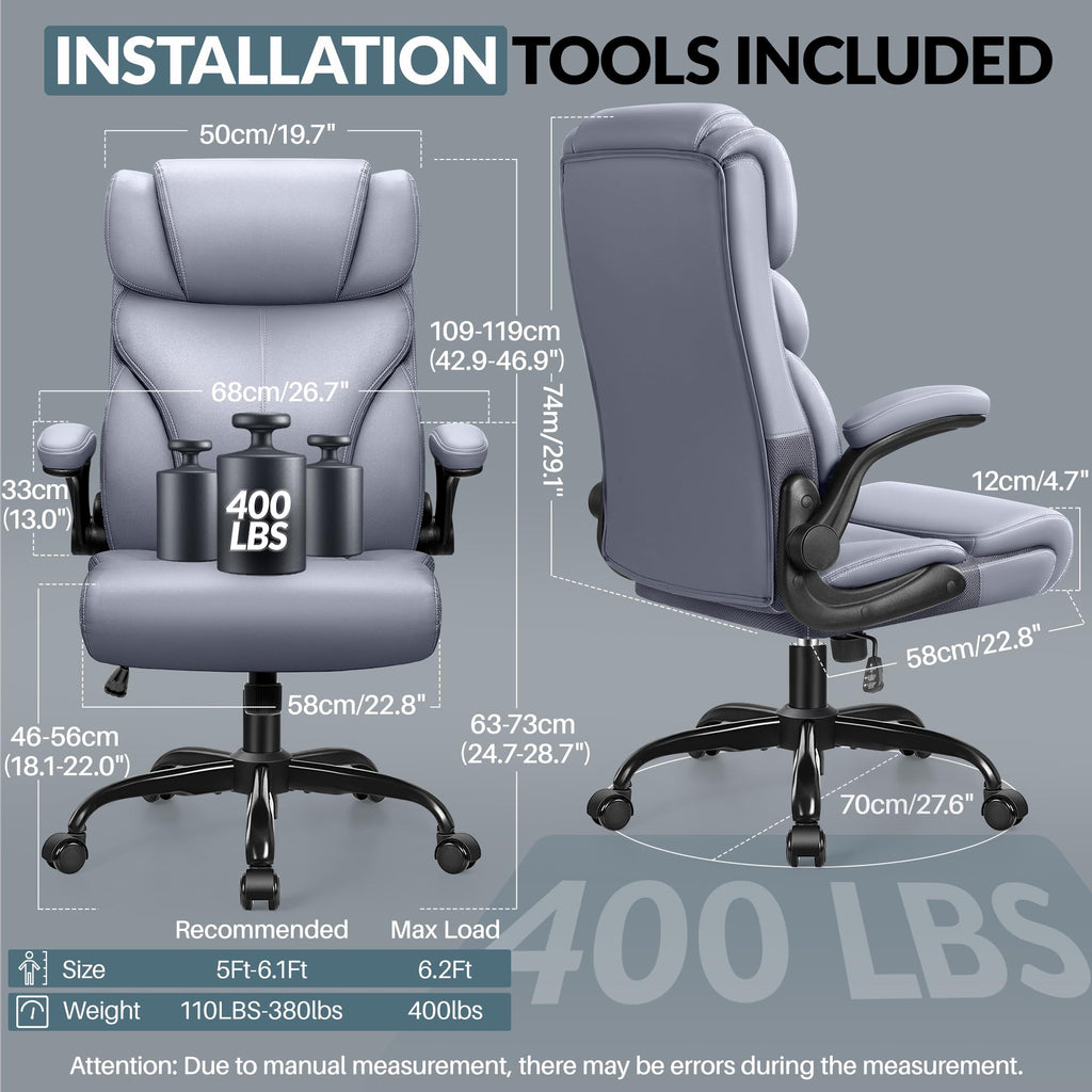 HeroSet Office Chair, Ergonomic Big and Tall Computer Desk Chairs, Executive Breathable Leather Chair with Adjustable Flip-up Armrests, Lumbar Support Swivel PC Chair with Rocking Function,Matte Black