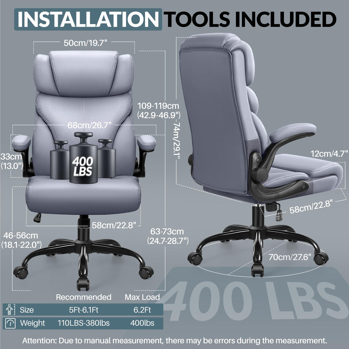 HeroSet Office Chair, Ergonomic Big and Tall Computer Desk Chairs, Executive Breathable Leather Chair with Adjustable Flip-up Armrests, Lumbar Support Swivel PC Chair with Rocking Function,Matte Black