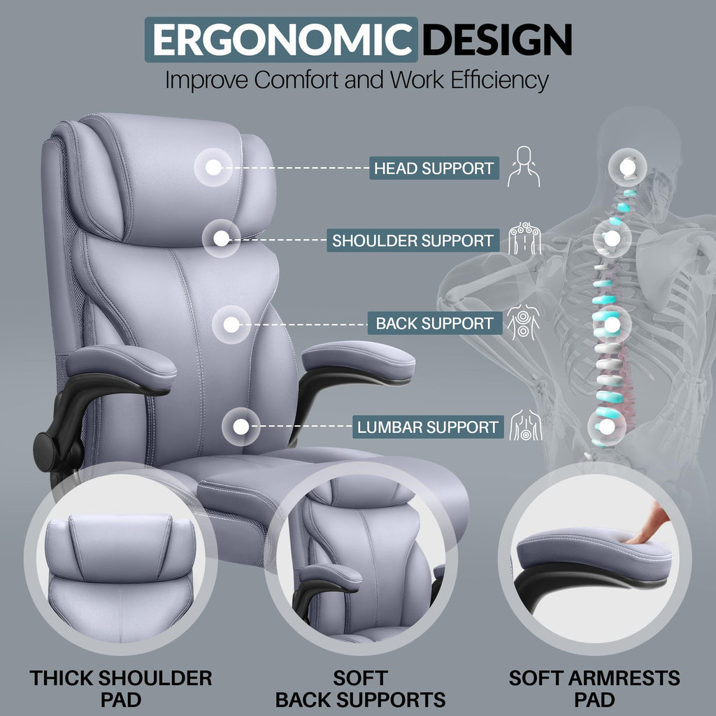 HeroSet Office Chair, Ergonomic Big and Tall Computer Desk Chairs, Executive Breathable Leather Chair with Adjustable Flip-up Armrests, Lumbar Support Swivel PC Chair with Rocking Function,Matte Black