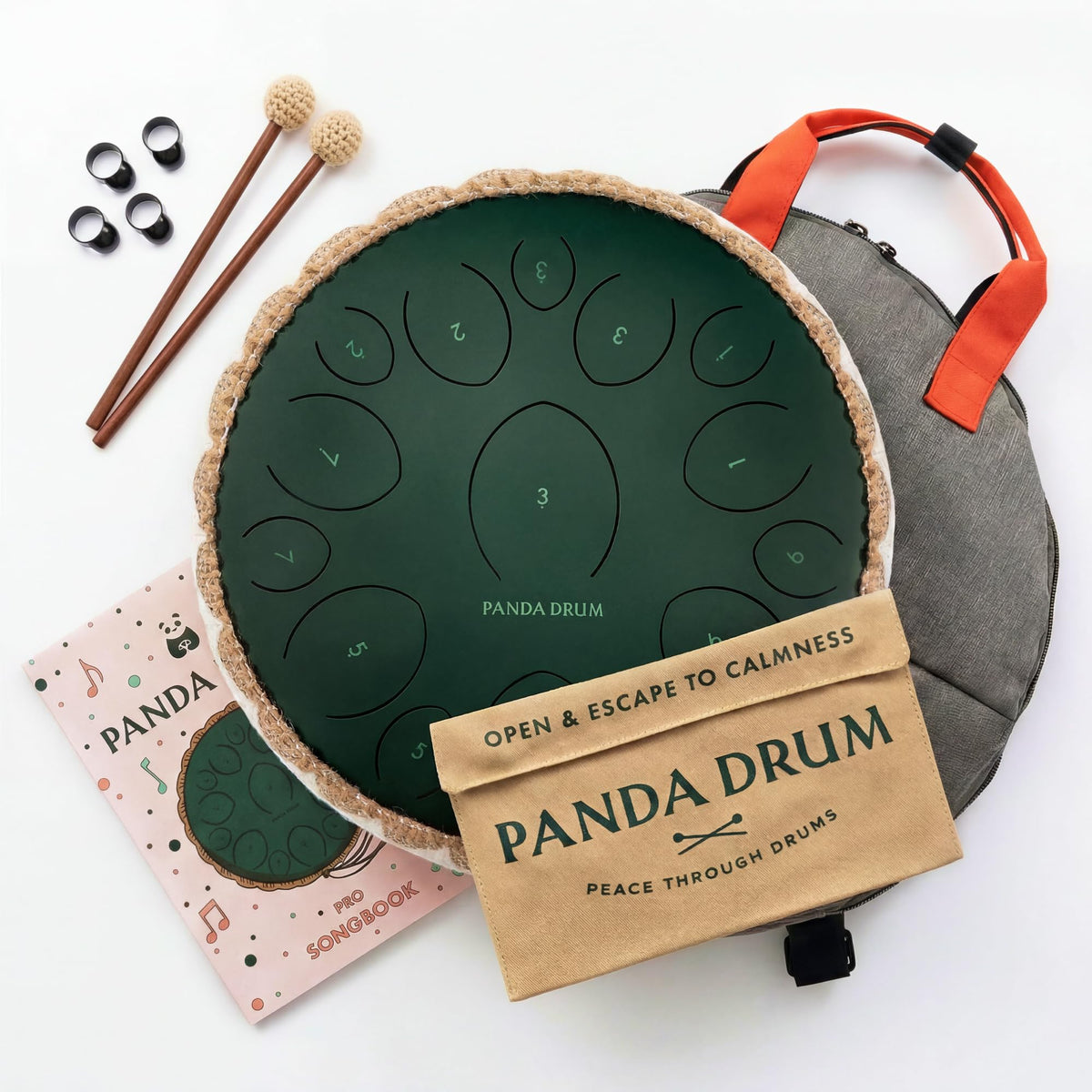 Panda Drum Pro 15" Steel Tongue Drum — 15-Note Hand Pan with Accessories