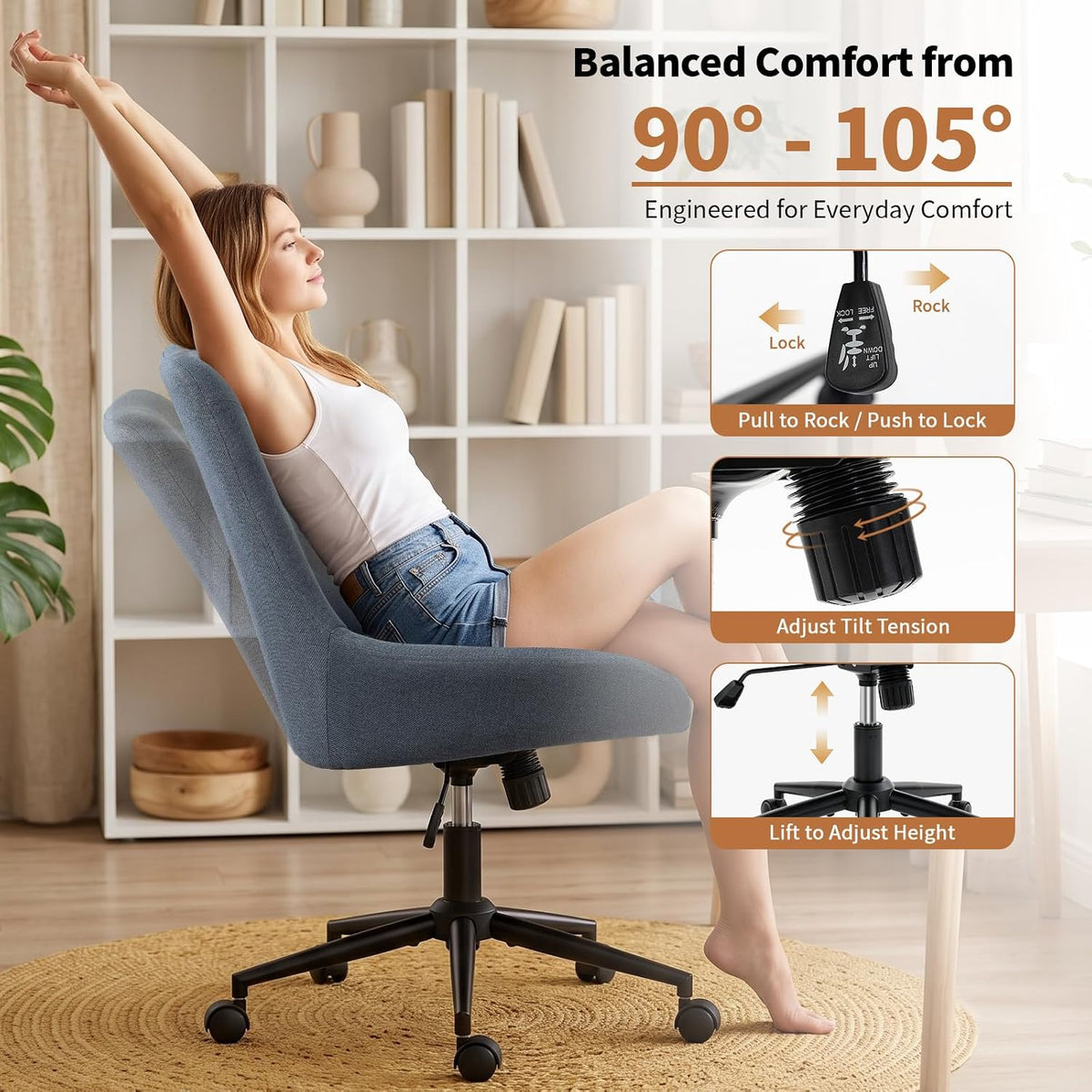 Home Armless Office Desk Chair, Linen Small Computer Chair with Adjustable Height, Removable Cushion, Comfy Rolling 360° Swivel Vanity Task Chair, Blue