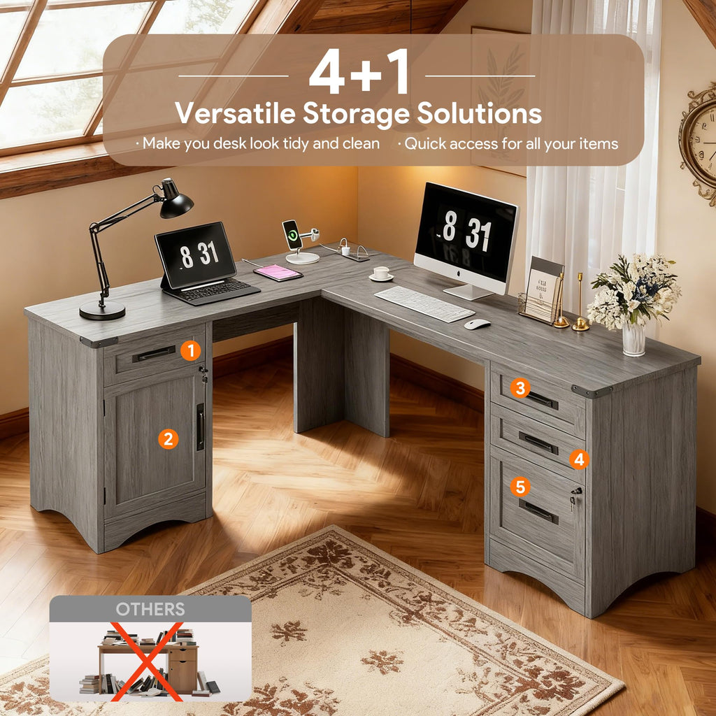 Decofy 67" Farmhouse L Shaped Standing Desk with Drawers Home Office Executive Desks with Fast Charging Station, Lockable File Cabinet, Wood Writing Computer Desk for Work, Study, White