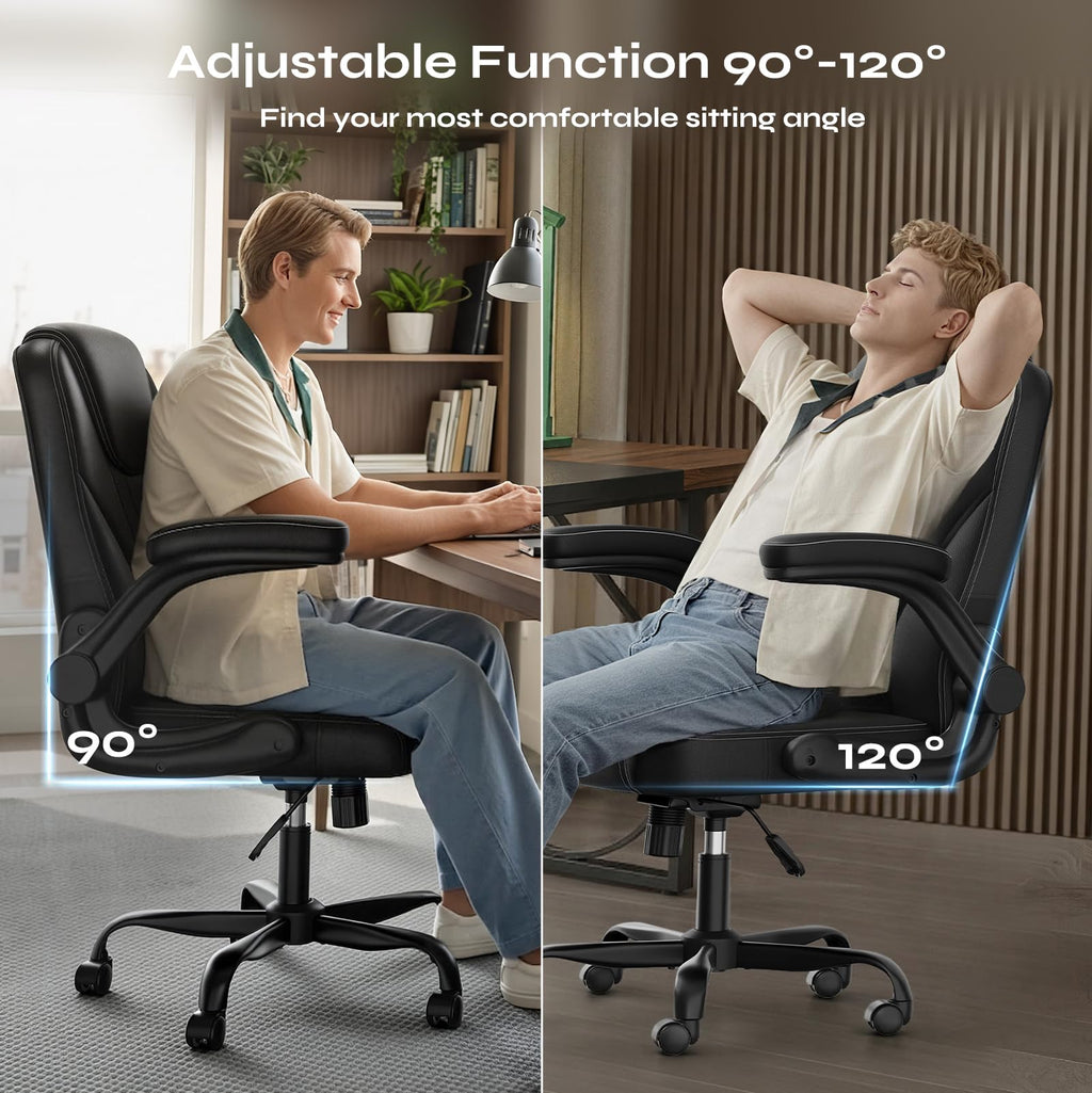 PU Leather Mid-Back Office Chair, Flip-Up Arms, 3.5" Dual-Layer Cushion